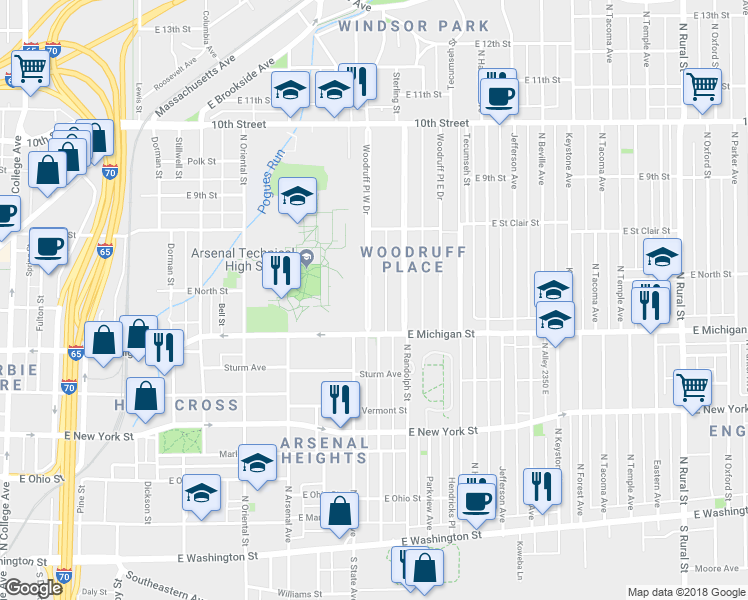 map of restaurants, bars, coffee shops, grocery stores, and more near 575 Woodruff Place West Drive in Indianapolis