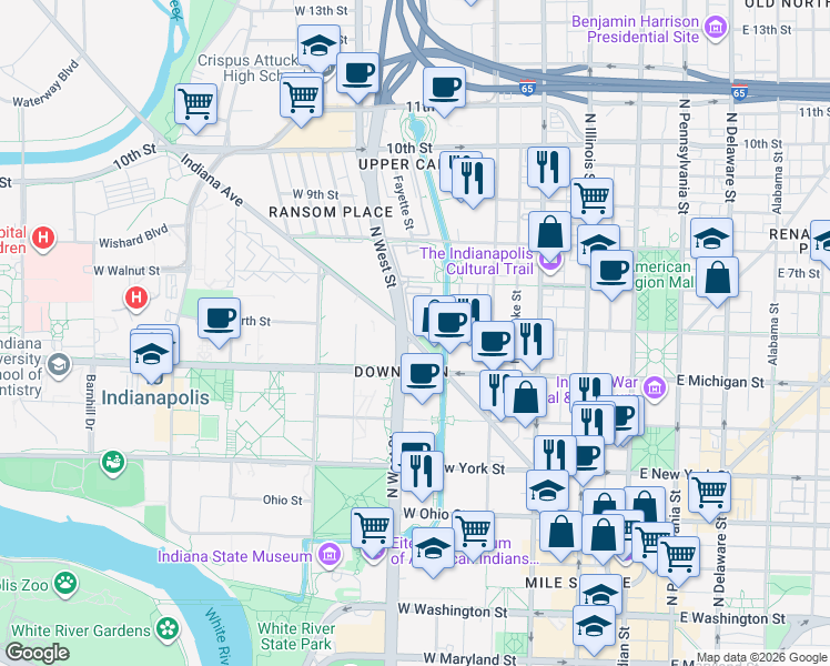 map of restaurants, bars, coffee shops, grocery stores, and more near 551 Indiana Avenue in Indianapolis