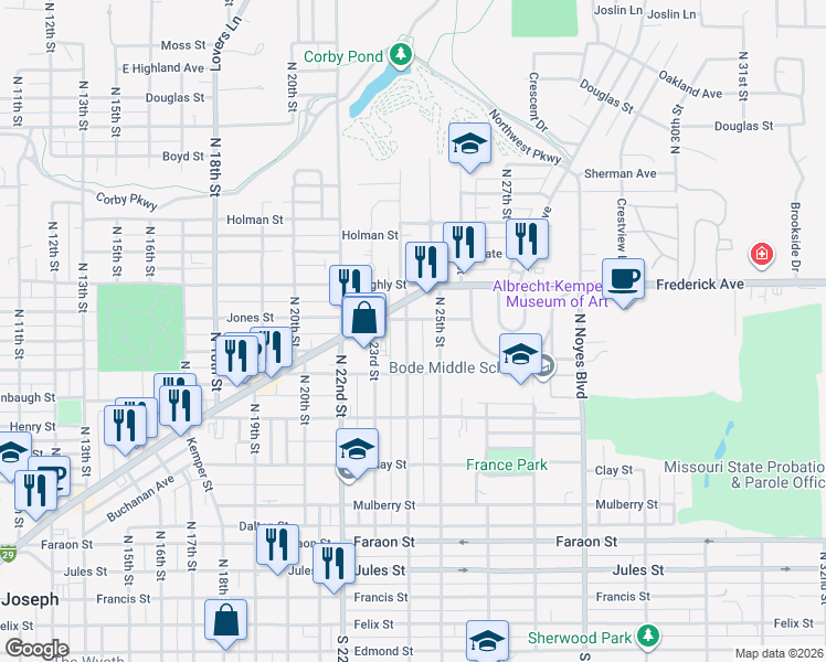 map of restaurants, bars, coffee shops, grocery stores, and more near 915 North 24th Street in Saint Joseph