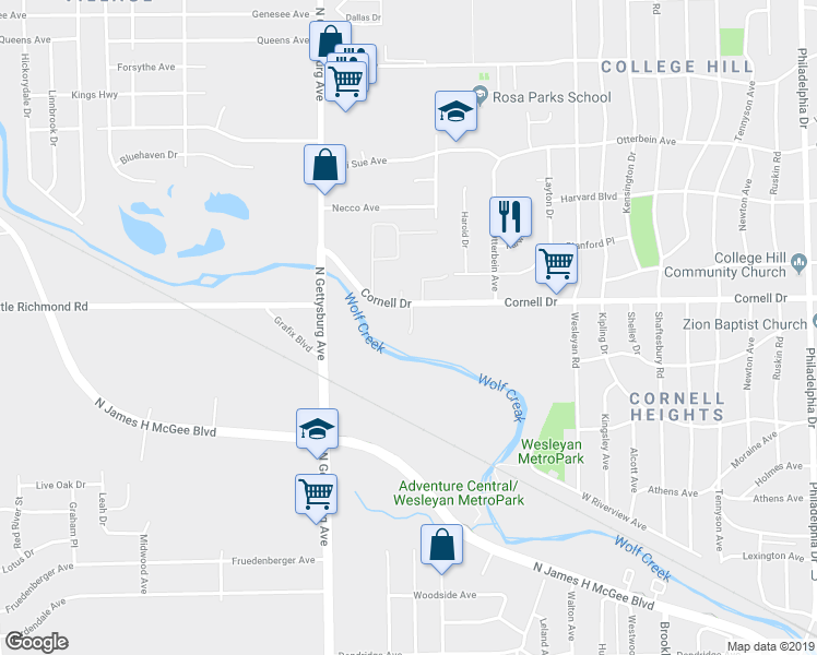map of restaurants, bars, coffee shops, grocery stores, and more near 1525 Fotip Lane in Dayton
