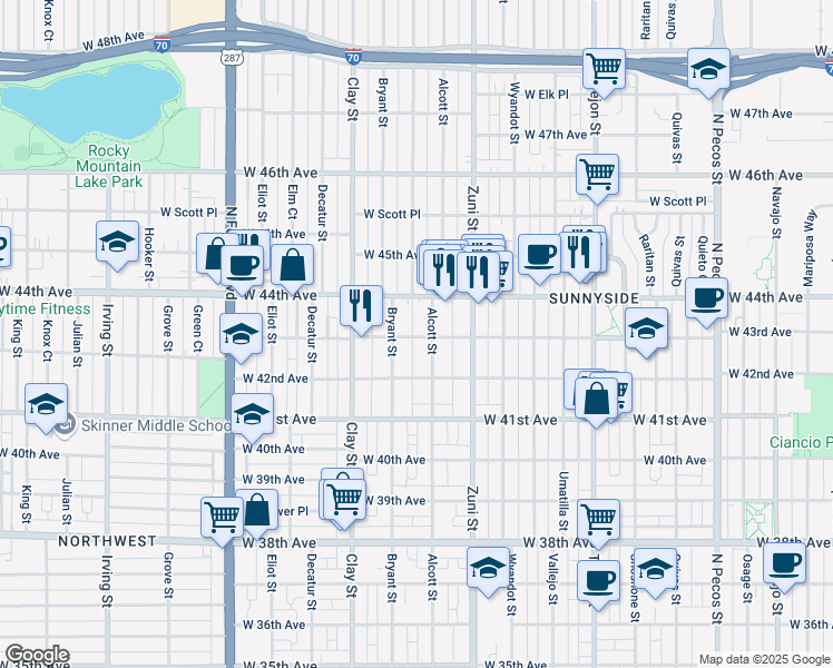 map of restaurants, bars, coffee shops, grocery stores, and more near 2535 West 43rd Avenue in Denver