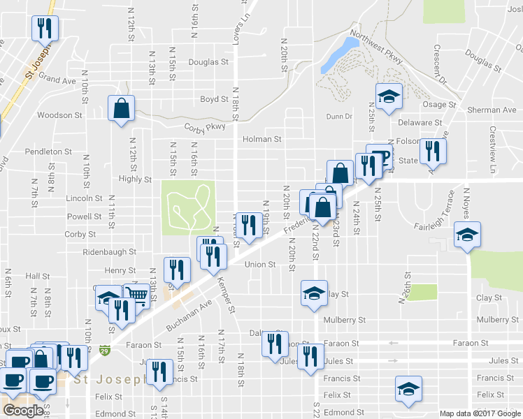 map of restaurants, bars, coffee shops, grocery stores, and more near 1018 North 19th Street in Saint Joseph