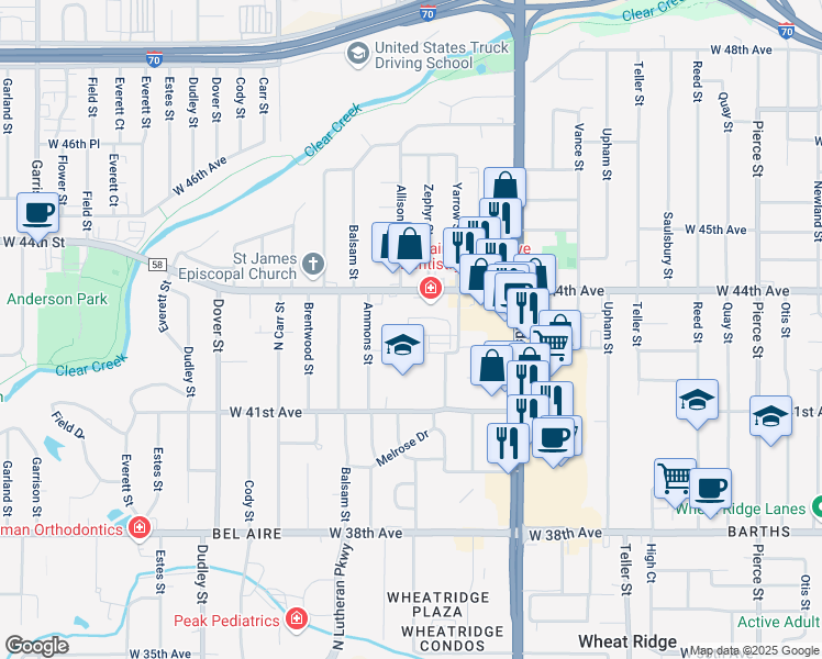 map of restaurants, bars, coffee shops, grocery stores, and more near 7880 West 43rd Circle in Wheat Ridge