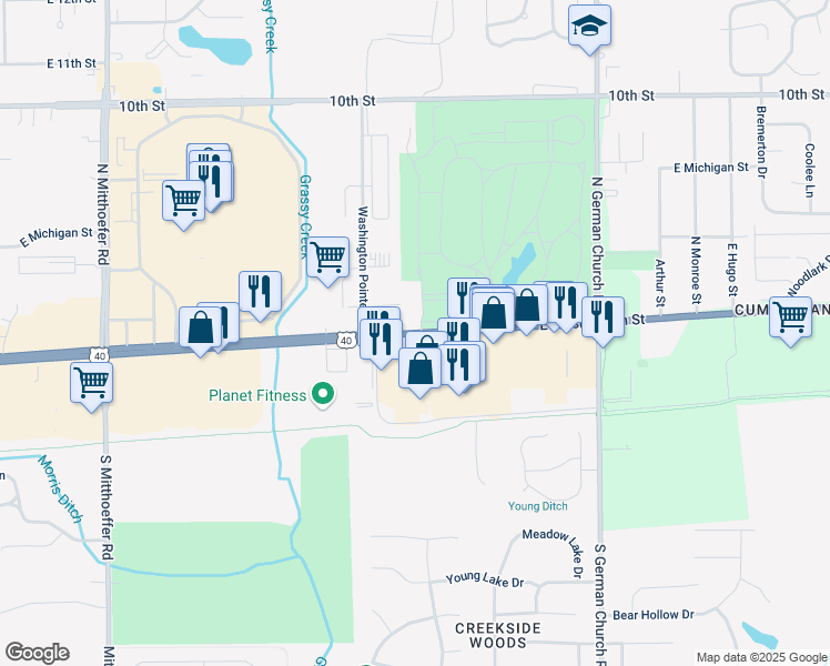 map of restaurants, bars, coffee shops, grocery stores, and more near 10600 East Washington Street in Indianapolis