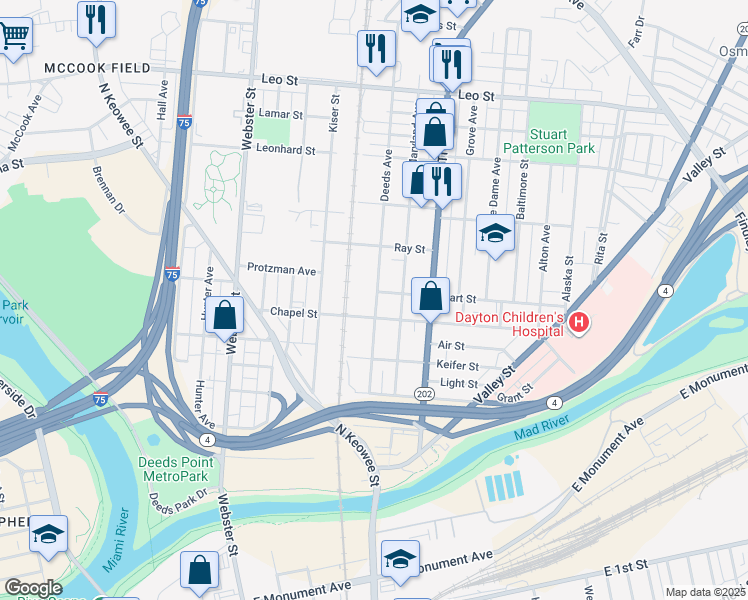 map of restaurants, bars, coffee shops, grocery stores, and more near 321 Deeds Avenue in Dayton