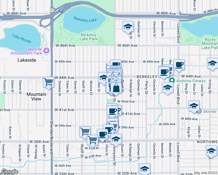 map of restaurants, bars, coffee shops, grocery stores, and more near 4330 Utica Street in Denver