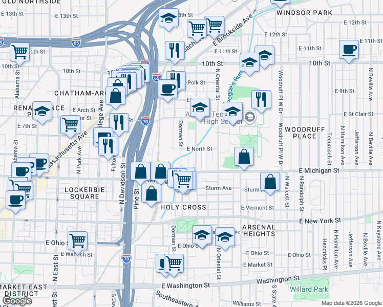 map of restaurants, bars, coffee shops, grocery stores, and more near 568 North Highland Avenue in Indianapolis