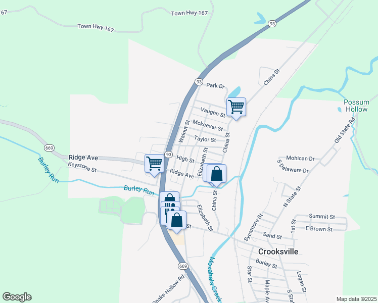 map of restaurants, bars, coffee shops, grocery stores, and more near 419 North Buckeye Street in Crooksville