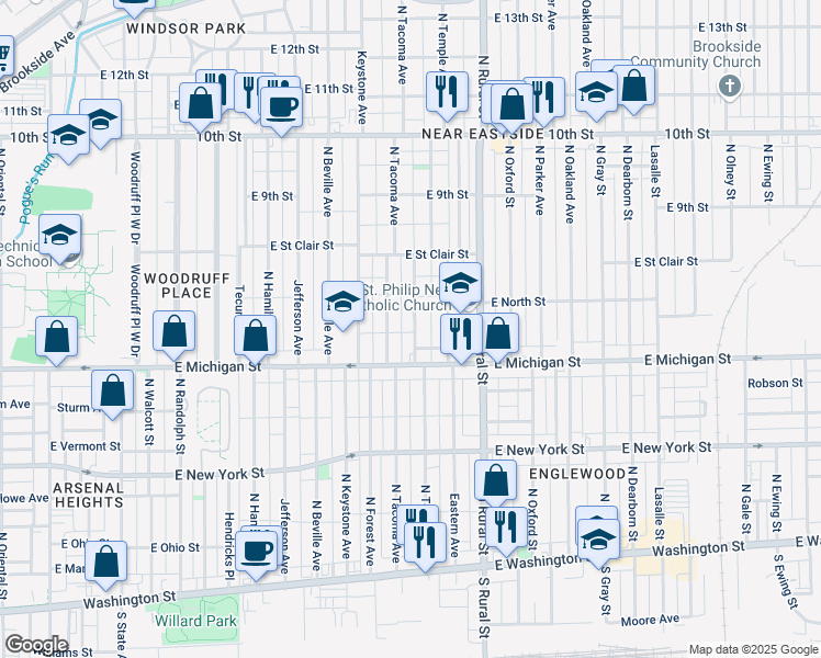 map of restaurants, bars, coffee shops, grocery stores, and more near 540 North Temple Avenue in Indianapolis