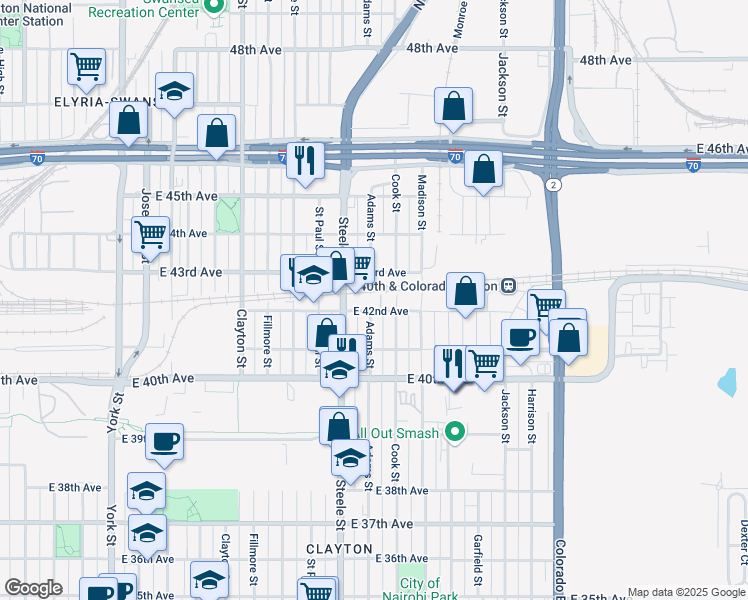map of restaurants, bars, coffee shops, grocery stores, and more near 3225 East 42nd Avenue in Denver