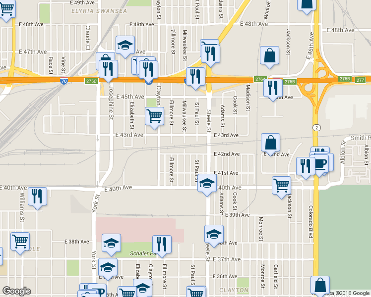 map of restaurants, bars, coffee shops, grocery stores, and more near 4220 Milwaukee Street in Denver