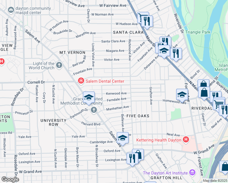 map of restaurants, bars, coffee shops, grocery stores, and more near 527 Kenwood Avenue in Dayton