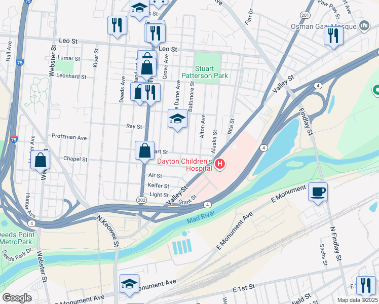 map of restaurants, bars, coffee shops, grocery stores, and more near 2 Baltimore Street in Dayton