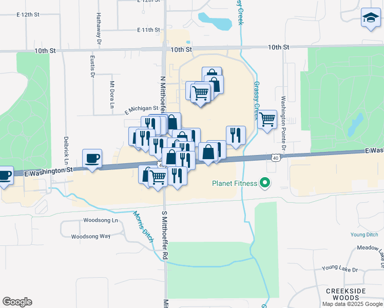 map of restaurants, bars, coffee shops, grocery stores, and more near 10110 East Washington Street in Indianapolis