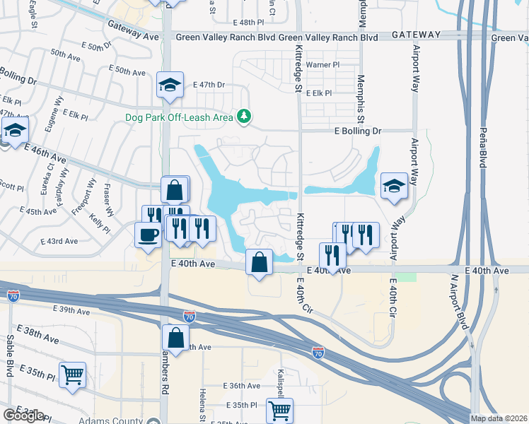 map of restaurants, bars, coffee shops, grocery stores, and more near Andrews Way in Denver