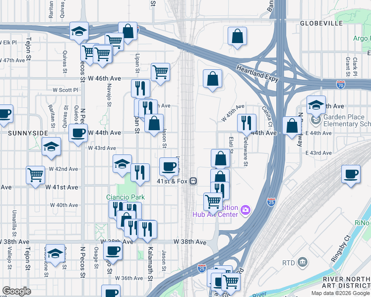 map of restaurants, bars, coffee shops, grocery stores, and more near 4228 Kalamath Street in Denver