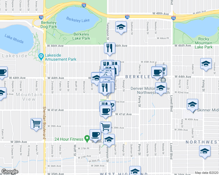 map of restaurants, bars, coffee shops, grocery stores, and more near 4301 Stuart Street in Denver