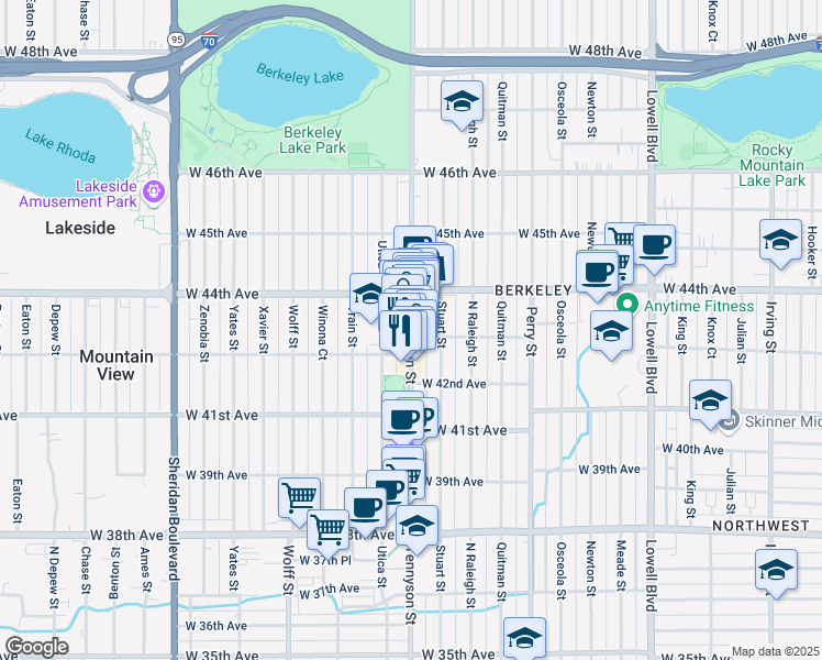 map of restaurants, bars, coffee shops, grocery stores, and more near 4301 Stuart Street in Denver