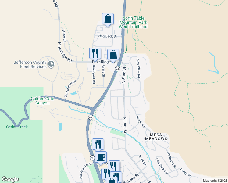 map of restaurants, bars, coffee shops, grocery stores, and more near 625 Virginia Street in Golden