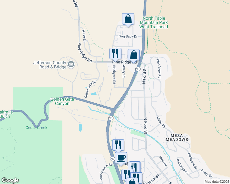 map of restaurants, bars, coffee shops, grocery stores, and more near 20001 Golden Gate Canyon Road in Golden