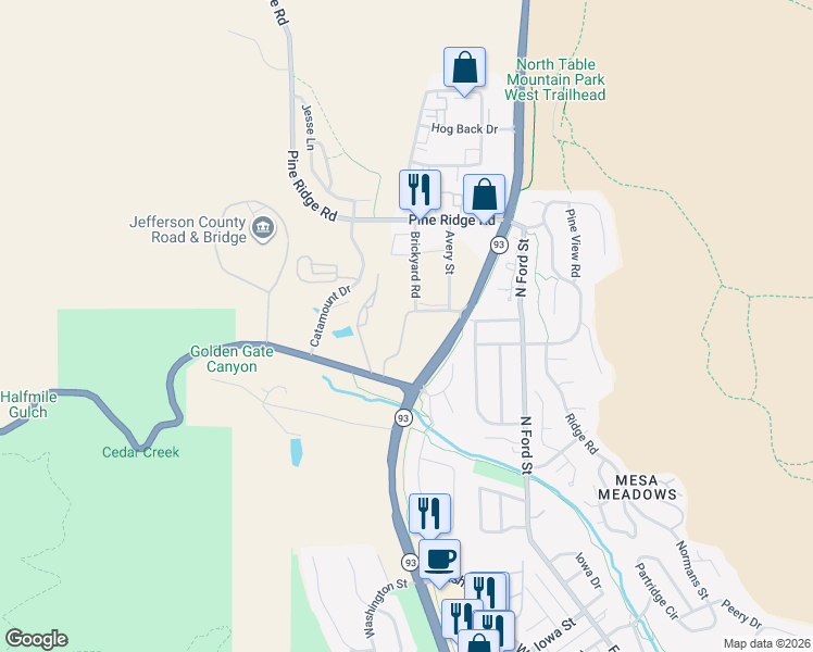 map of restaurants, bars, coffee shops, grocery stores, and more near 20001 Golden Gate Canyon Road in Golden
