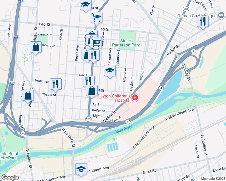 map of restaurants, bars, coffee shops, grocery stores, and more near 2 Baltimore Street in Dayton