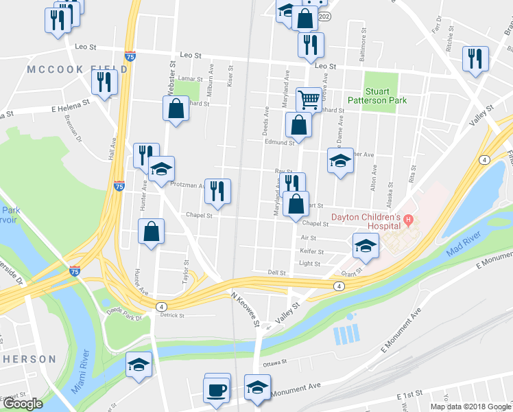 map of restaurants, bars, coffee shops, grocery stores, and more near 321 Deeds Avenue in Dayton