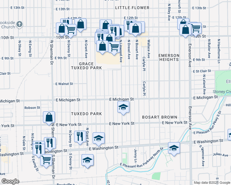 map of restaurants, bars, coffee shops, grocery stores, and more near 520 North Euclid Avenue in Indianapolis