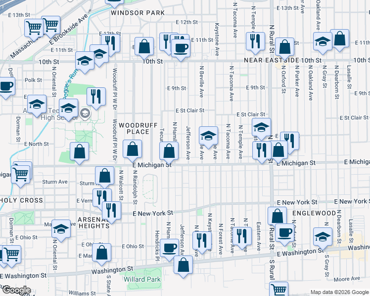 map of restaurants, bars, coffee shops, grocery stores, and more near 532 Jefferson Avenue in Indianapolis