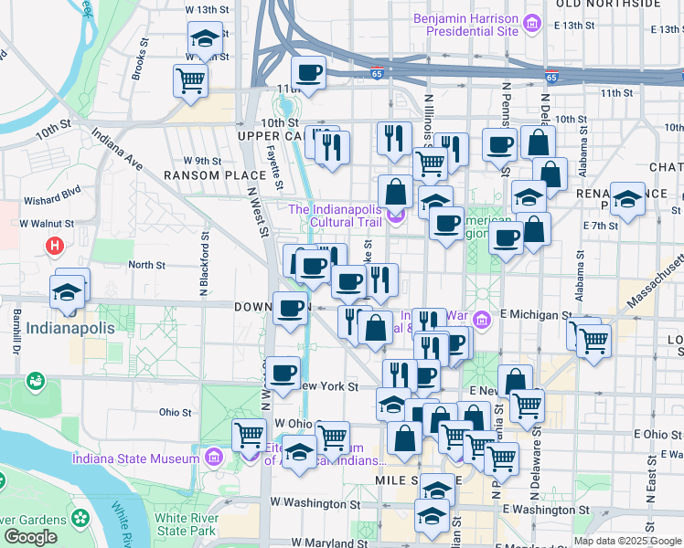 map of restaurants, bars, coffee shops, grocery stores, and more near 549 North Senate Avenue in Indianapolis