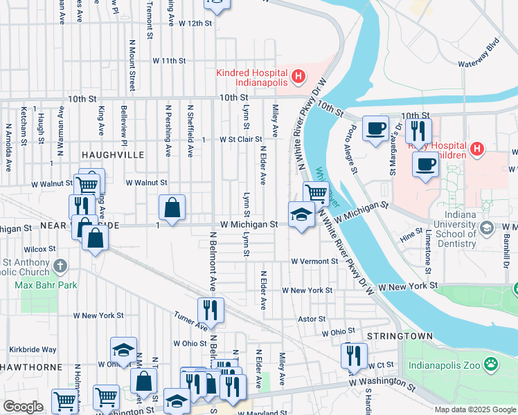 map of restaurants, bars, coffee shops, grocery stores, and more near 529 Lynn Street in Indianapolis
