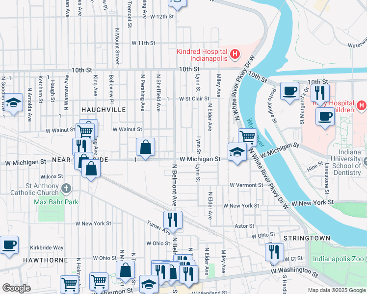 map of restaurants, bars, coffee shops, grocery stores, and more near 528 North Traub Avenue in Indianapolis