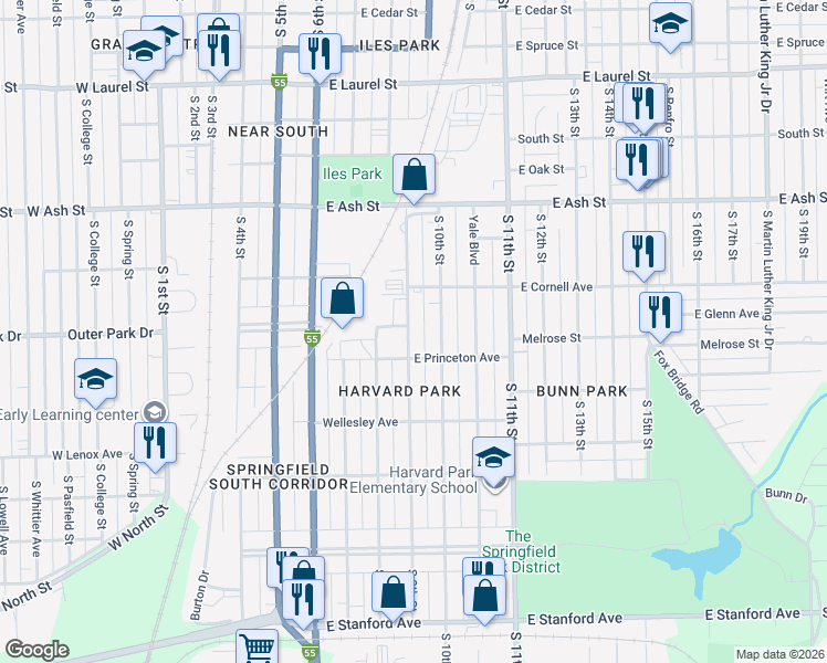 map of restaurants, bars, coffee shops, grocery stores, and more near 2244 South 9th Street in Springfield