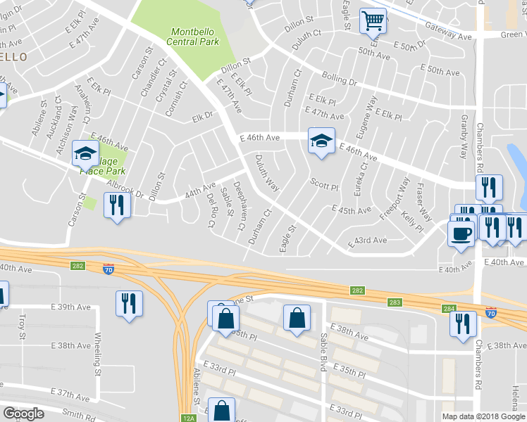 map of restaurants, bars, coffee shops, grocery stores, and more near 4381 Durham Court in Denver