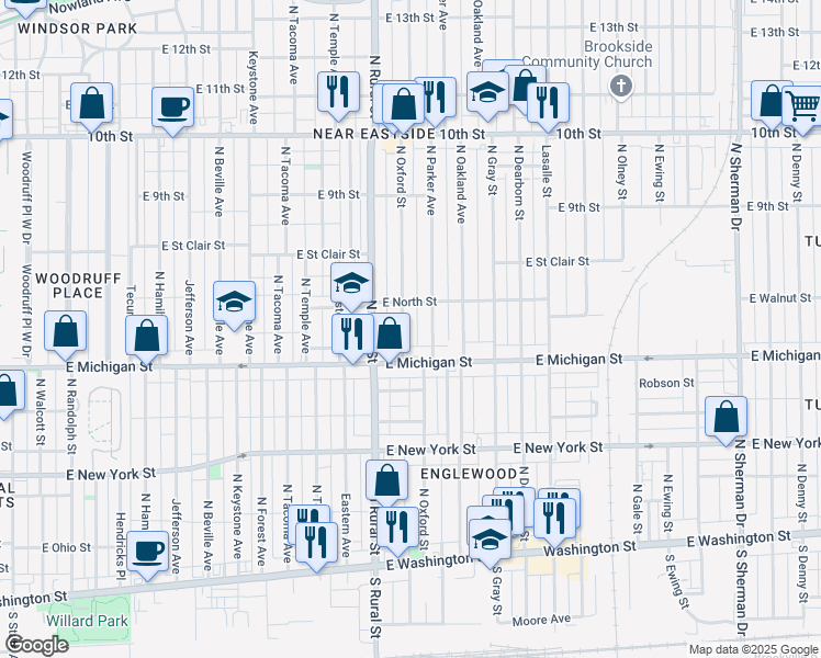 map of restaurants, bars, coffee shops, grocery stores, and more near 533 N Oxford St in Indianapolis