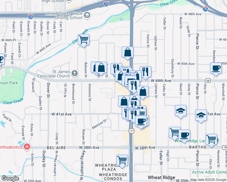 map of restaurants, bars, coffee shops, grocery stores, and more near 4265 Yarrow Street in Wheat Ridge
