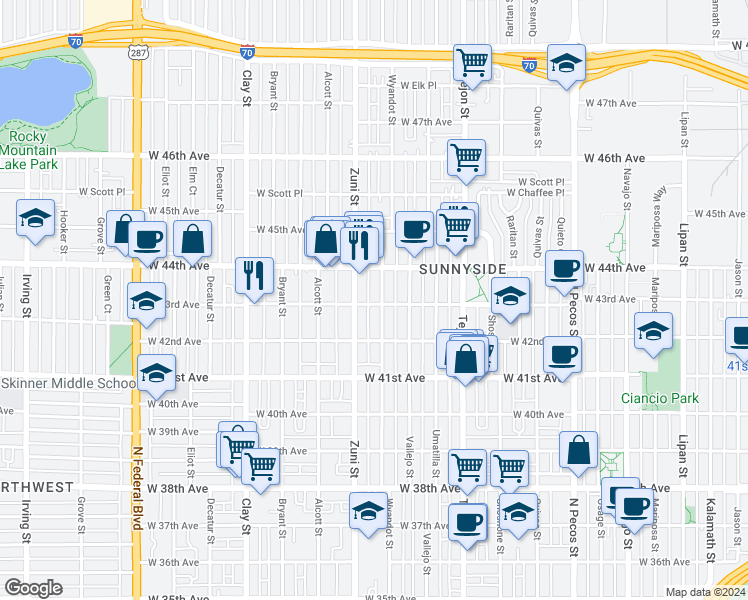 map of restaurants, bars, coffee shops, grocery stores, and more near 4301 Wyandot Street in Denver