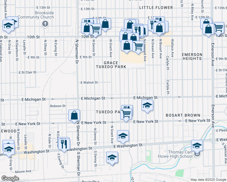 map of restaurants, bars, coffee shops, grocery stores, and more near 521 North Grant Avenue in Indianapolis