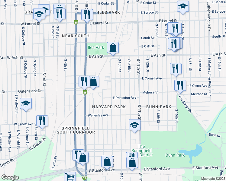 map of restaurants, bars, coffee shops, grocery stores, and more near 2244 South 9th Street in Springfield