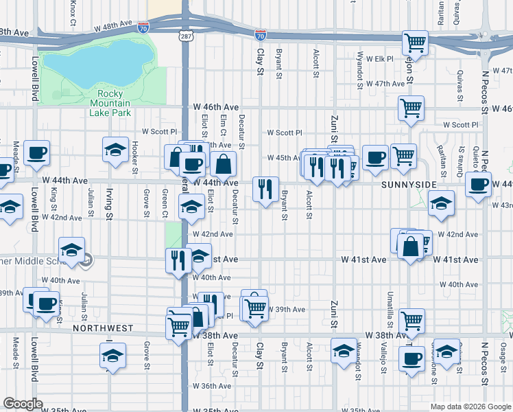 map of restaurants, bars, coffee shops, grocery stores, and more near 4303 Clay Street in Denver
