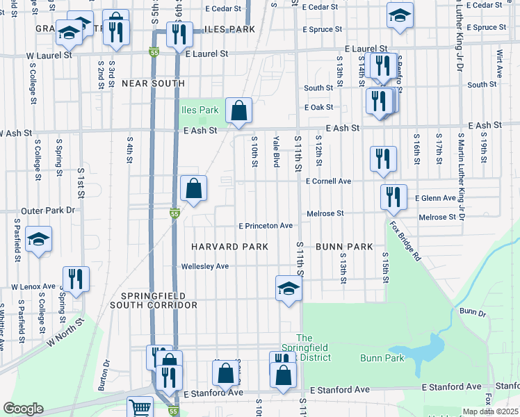 map of restaurants, bars, coffee shops, grocery stores, and more near 2244 South 10th Street in Springfield