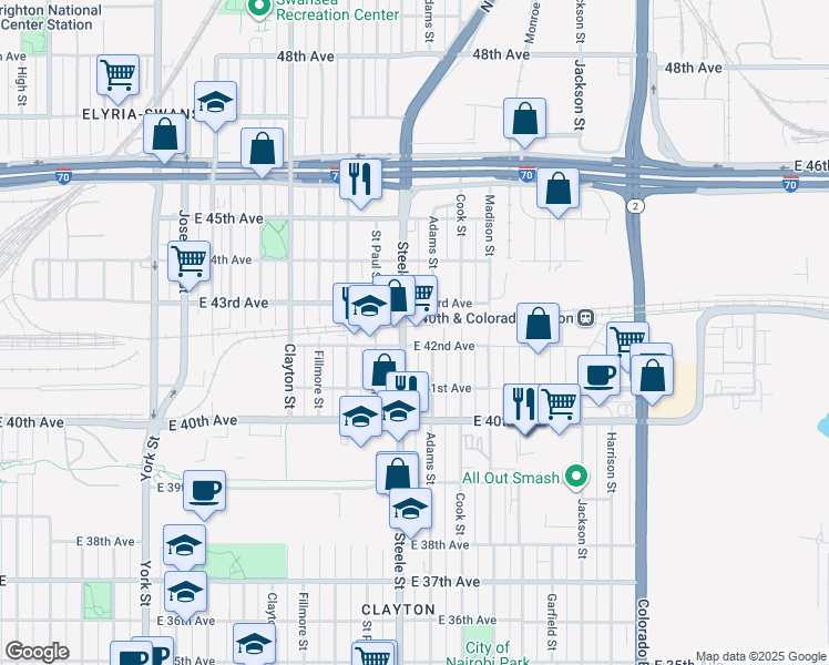 map of restaurants, bars, coffee shops, grocery stores, and more near 3225 East 42nd Avenue in Denver
