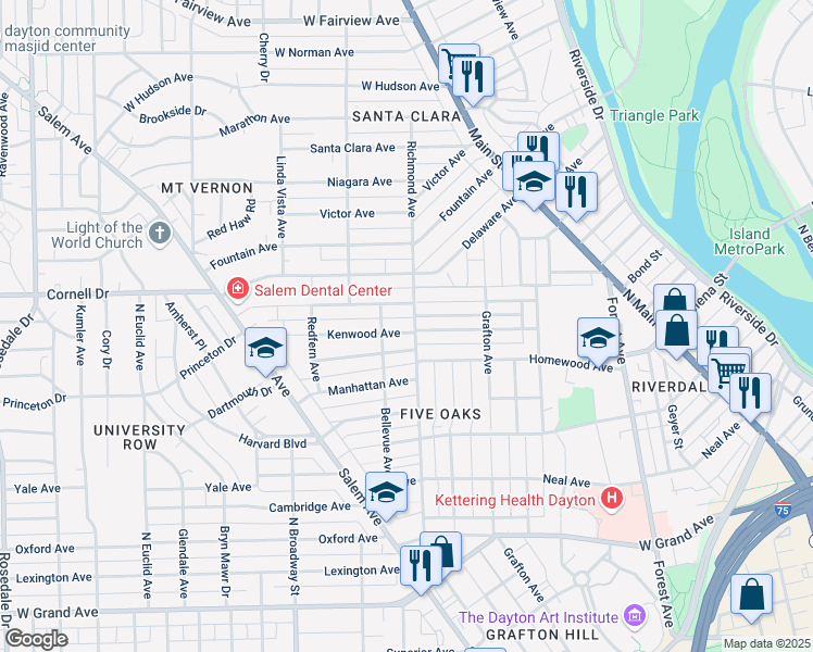 map of restaurants, bars, coffee shops, grocery stores, and more near 405 Kenwood Avenue in Dayton