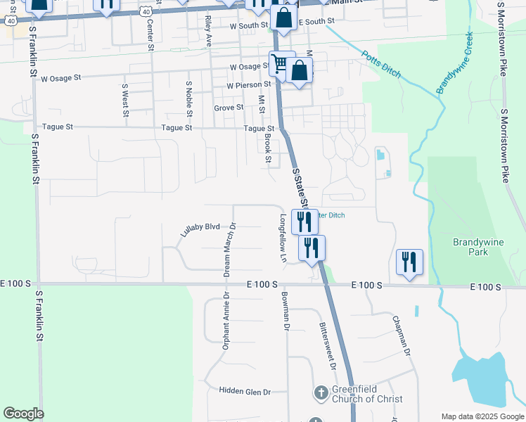 map of restaurants, bars, coffee shops, grocery stores, and more near 157 Longfellow Lane in Greenfield
