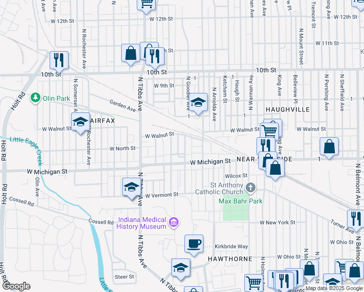 map of restaurants, bars, coffee shops, grocery stores, and more near 538 North Goodlet Avenue in Indianapolis