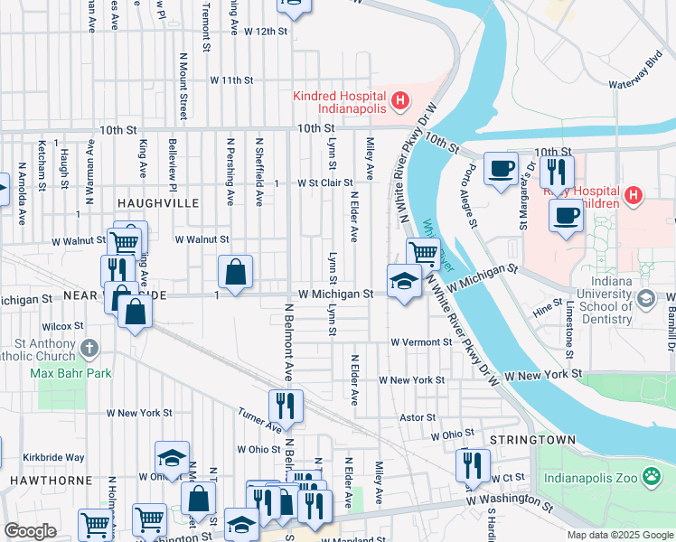 map of restaurants, bars, coffee shops, grocery stores, and more near 529 Lynn Street in Indianapolis