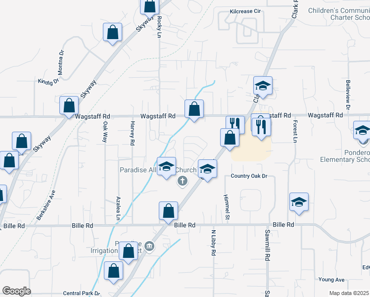 map of restaurants, bars, coffee shops, grocery stores, and more near 1387 Emerald Lane in Paradise