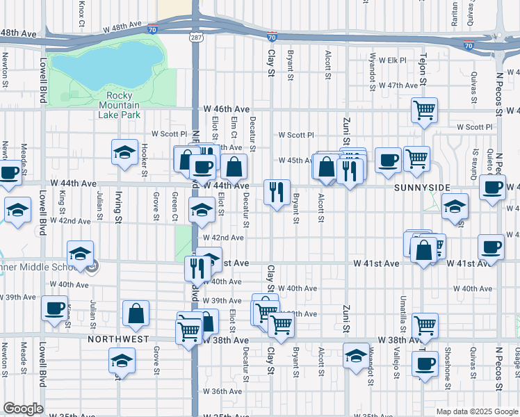 map of restaurants, bars, coffee shops, grocery stores, and more near 2723 West 43rd Avenue in Denver