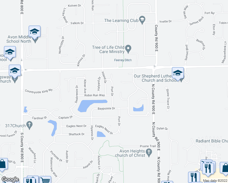 map of restaurants, bars, coffee shops, grocery stores, and more near 843 Port Drive in Avon