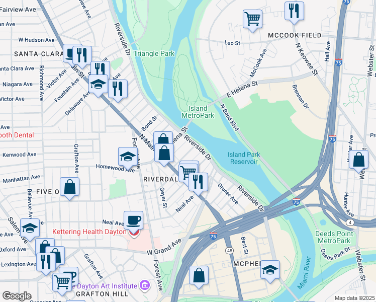 map of restaurants, bars, coffee shops, grocery stores, and more near 53 Vincent Street in Dayton